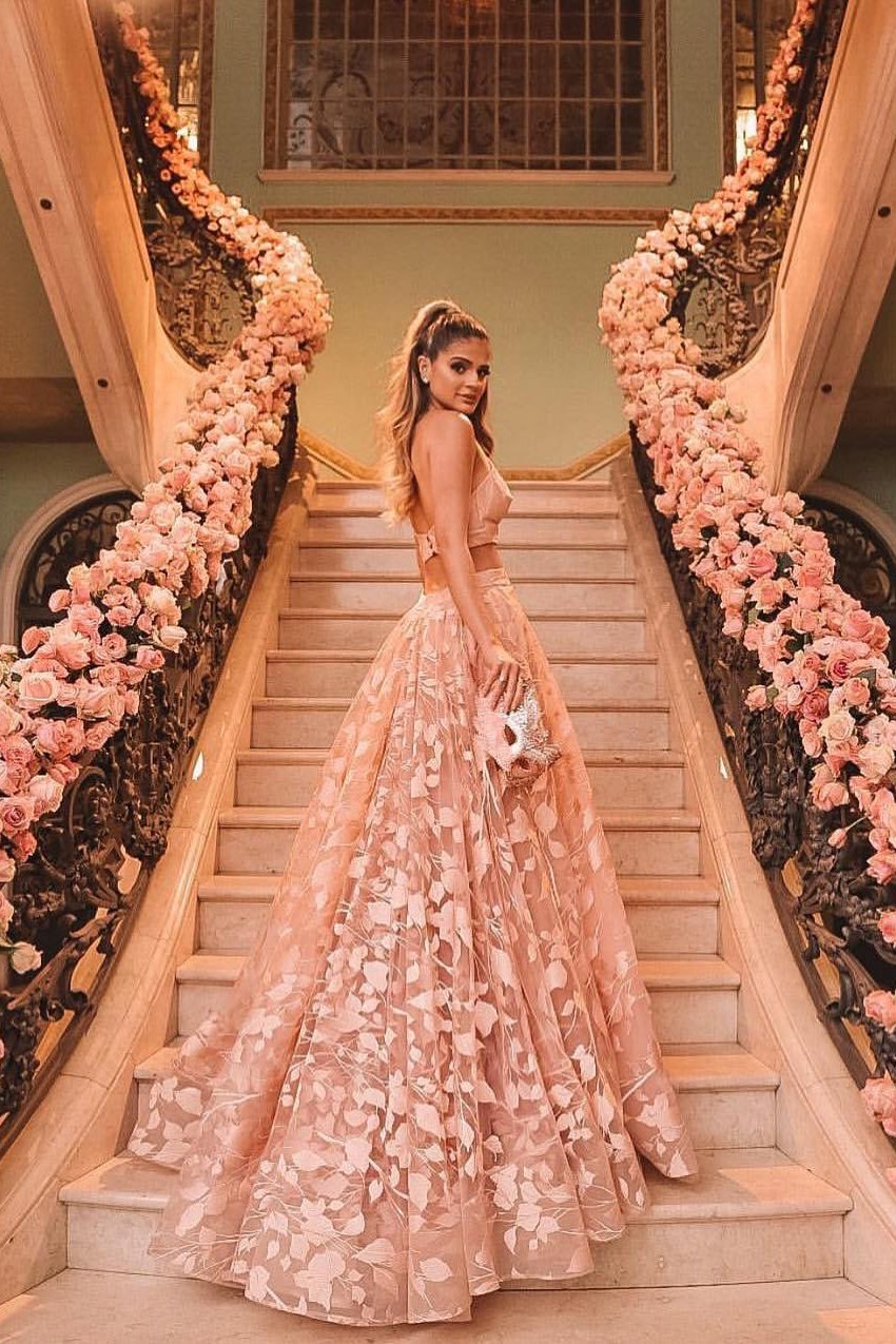 A-Line V-Neck Cut-Out Long Prom Dresses Backless Floral Formal Dress
