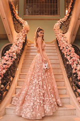A-Line V-Neck Cut-Out Long Prom Dresses Backless Floral Formal Dress