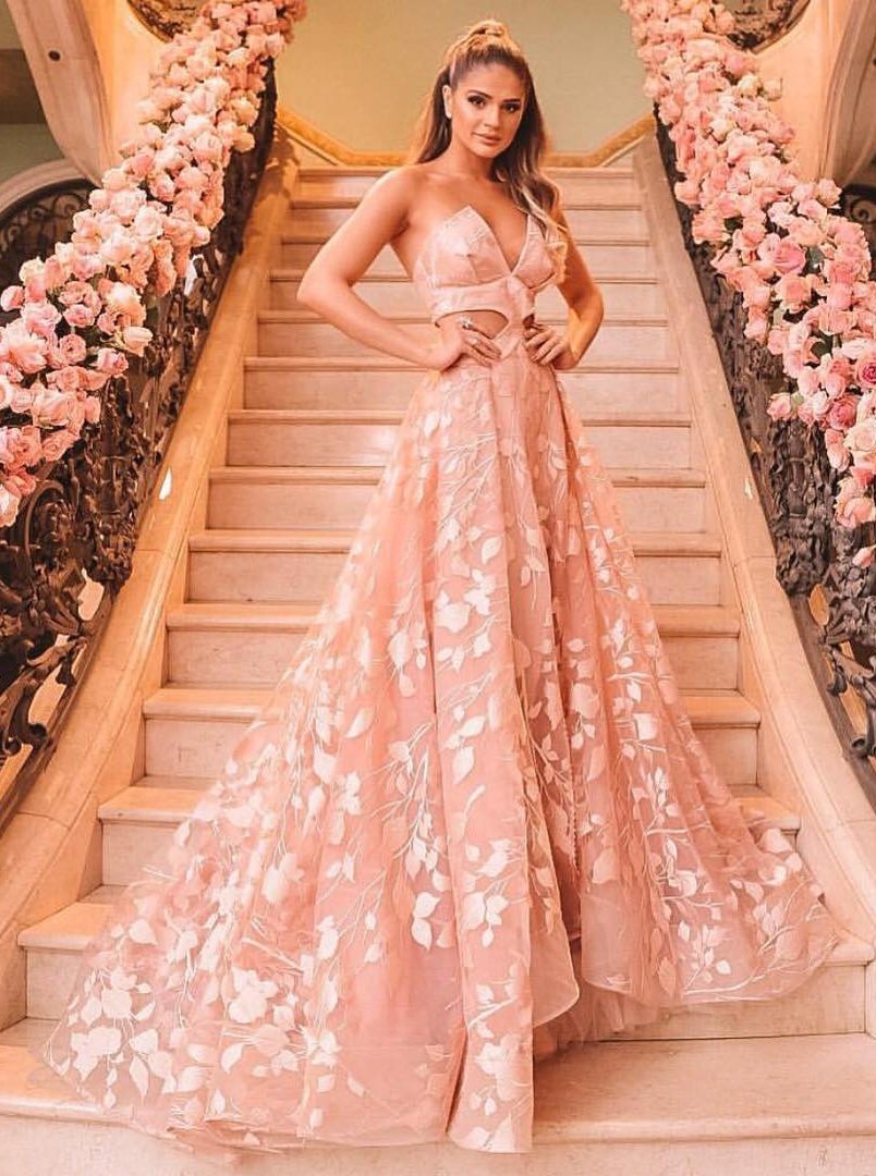 A-Line V-Neck Cut-Out Long Prom Dresses Backless Floral Formal Dress