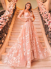A-Line V-Neck Cut-Out Long Prom Dresses Backless Floral Formal Dress