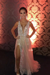 Glitter Deep V-Neck Tulle Long Prom Dresses, Slit Beading Evening Dress