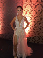 Glitter Deep V-Neck Tulle Long Prom Dresses, Slit Beading Evening Dress