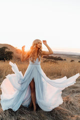 A-Line Spaghetti Straps Chiffon Slit Light Sky Blue Long Prom Dress