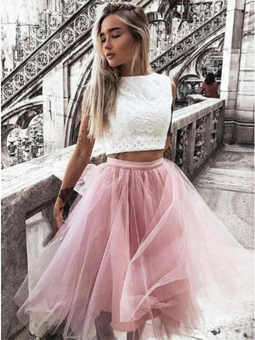 Elegant Blush Tulle Two-Piece Bateau Homecoming Dress