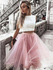 Elegant Blush Tulle Two-Piece Bateau Homecoming Dress