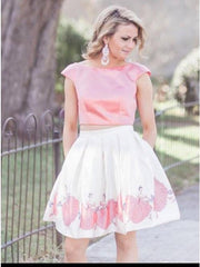 Bateau Pink Two-Piece Floral Print Cap Sleeve Homecoming Dress