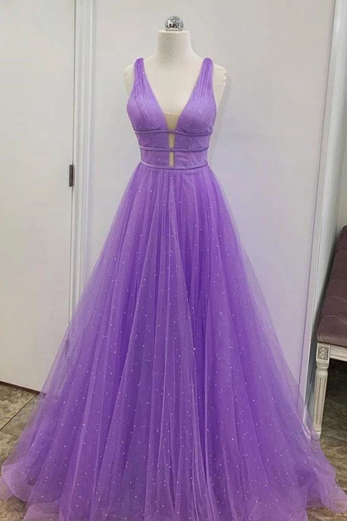 A-Line V-Neck Lilac Prom Dress, Tulle Long Formal Graduation Dresses