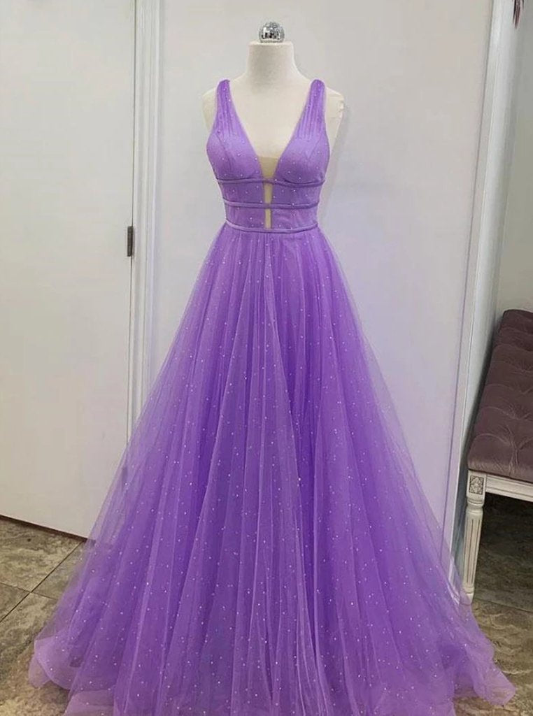A-Line V-Neck Lilac Prom Dress, Tulle Long Formal Graduation Dresses