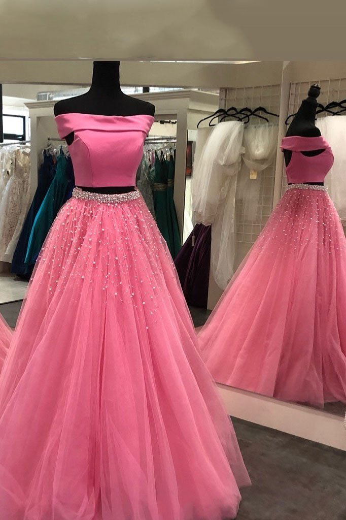Off Shoulder Two Piece Tulle Pink Teens Prom Dresses with Beaded