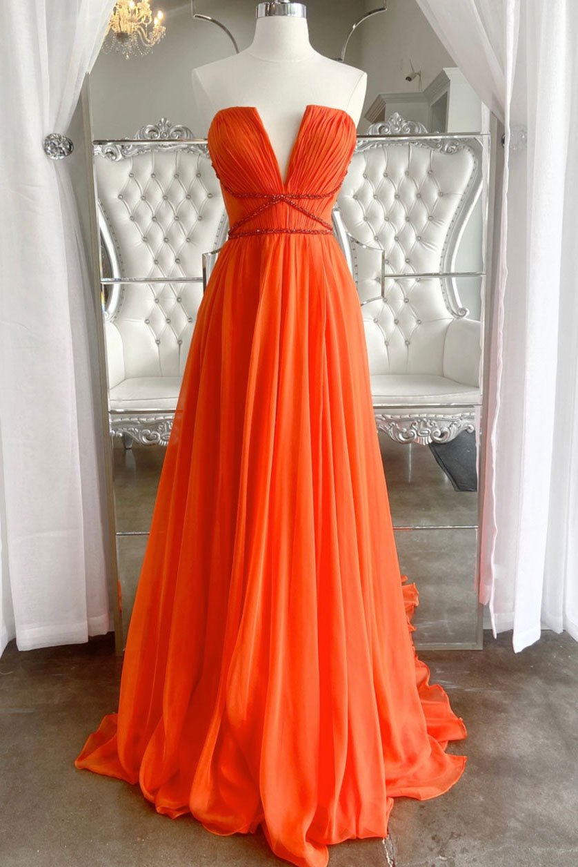 Elegant Orange A-Line Chiffon V-Neck Prom Dress with Beading