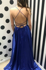 Royal Blue Simple Long Prom Dresses, Split Evening Party with Pockets