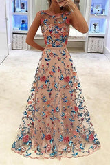 Bateau Tulle A-Line Long Prom Dress with Floral Embroidery