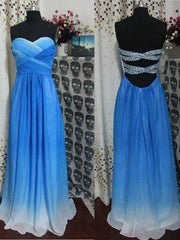 Cut-Out Beaded Back Long Prom Dress with Sweetheart Blue Ombre Design
