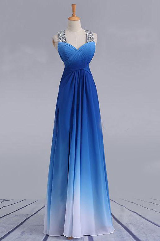 Elegant Strappy Cross Back Beaded Ombre Blue Prom Dress