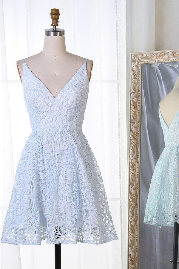 A-Line Lace Spaghetti Straps V-Neck Short Homecoming Dress
