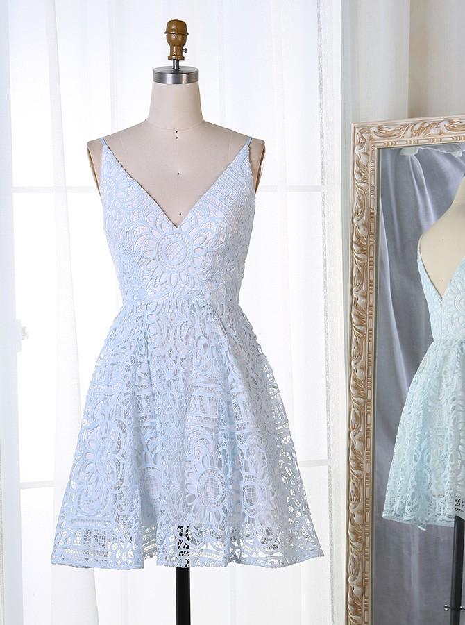 A-Line Lace Spaghetti Straps V-Neck Short Homecoming Dress