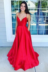 Red A-Line V-Neck Backless Prom Dresses with Pockets, Formal Evening Dresses