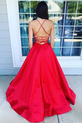 Red A-Line V-Neck Backless Prom Dresses with Pockets, Formal Evening Dresses