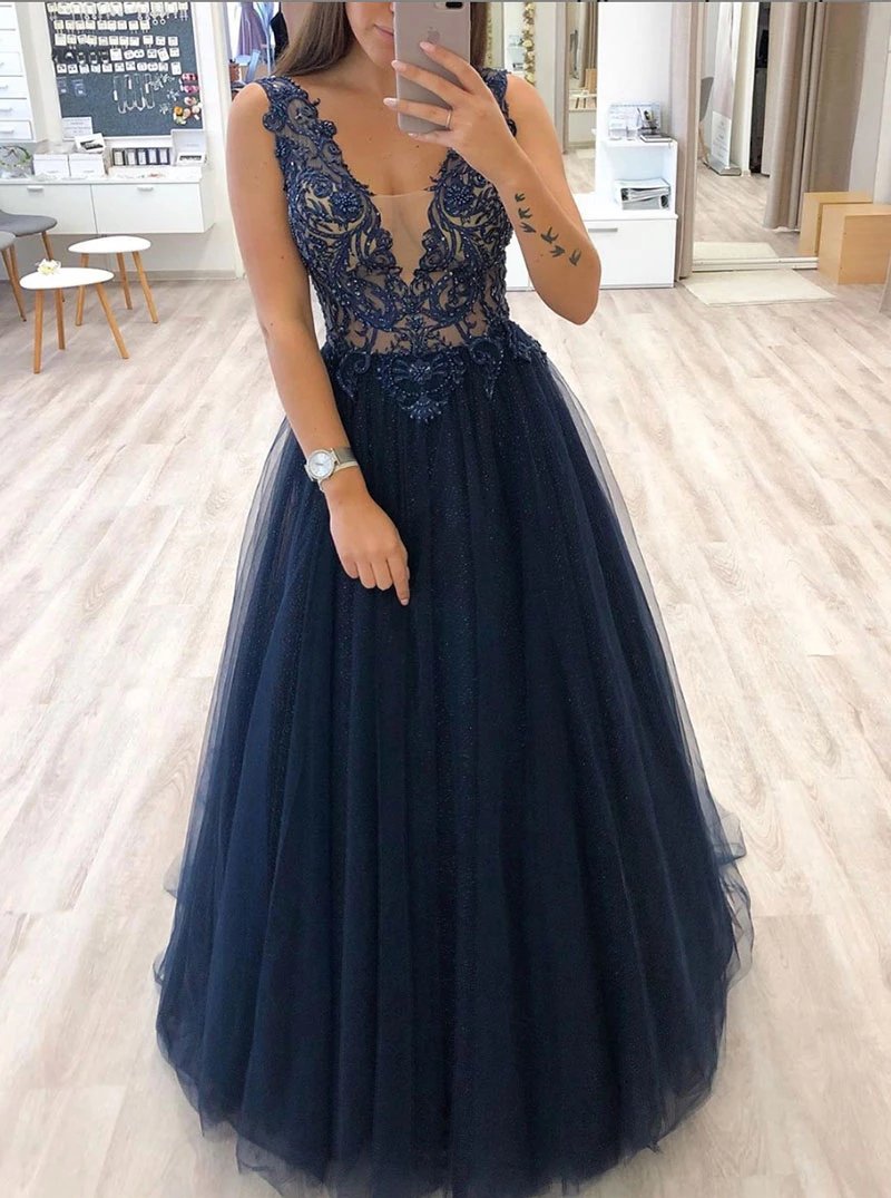 V-Neck Tulle Beads Long Prom Dresses, Dark Blue Long Evening Dress
