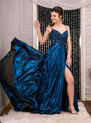 Dark Blue A-Line Satin Long Prom Dresses with Beading, Split Evening Dress