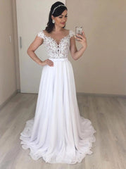 A-Line Chiffon Applique Backless Beach Wedding Dress