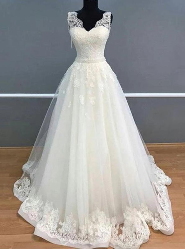 A-Line V-Neck Ivory Tulle Long Wedding Dress with Appliques