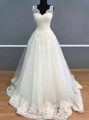 A-Line V-Neck Ivory Tulle Long Wedding Dress with Appliques