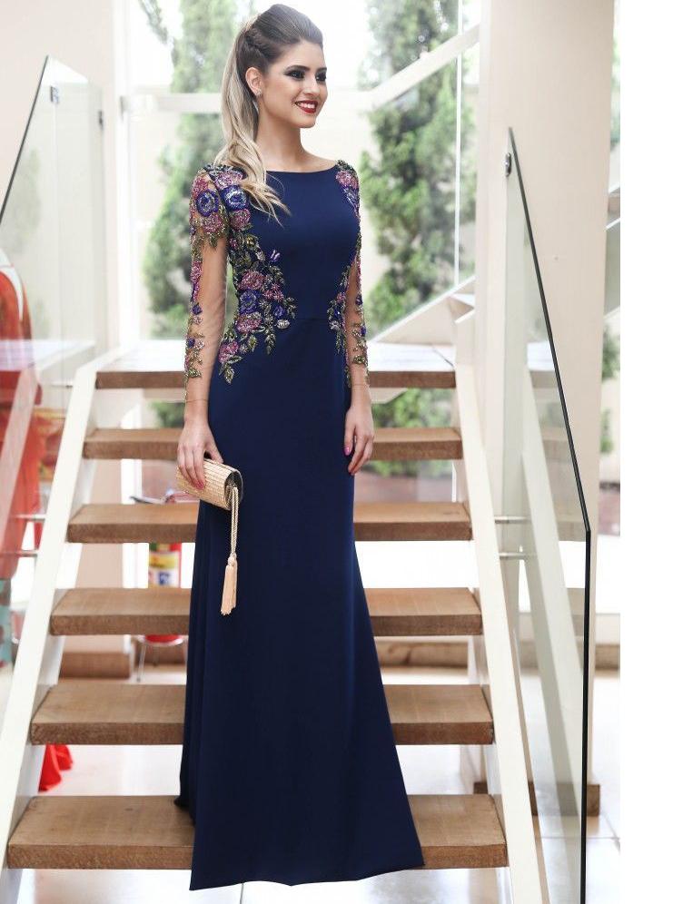 Long Sleeves Navy Blue Mermaid Prom Dresses, Long Formal Dresses