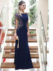 Long Sleeves Navy Blue Mermaid Prom Dresses, Long Formal Dresses