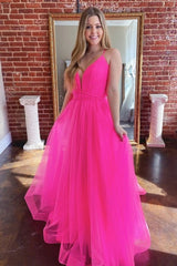 Simple V-Neck Tulle Long Prom Dresses, Fuchsia Formal Dress