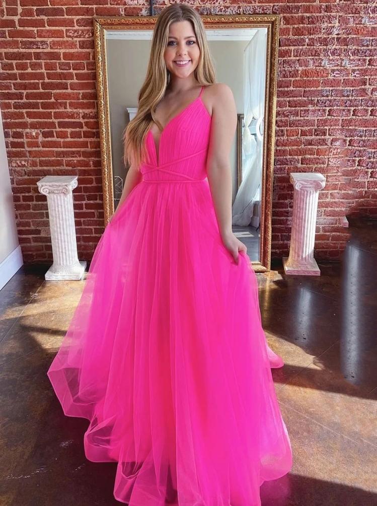Simple V-Neck Tulle Long Prom Dresses, Fuchsia Formal Dress