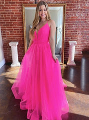 Simple V-Neck Tulle Long Prom Dresses, Fuchsia Formal Dress