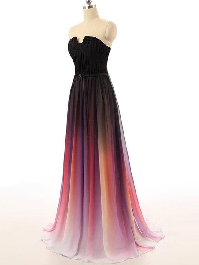Strapless Notched Ombre Long Prom Dresses, Backless Formal Gown with Pleats