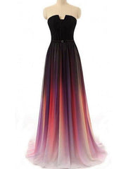 Strapless Notched Ombre Long Prom Dresses, Backless Formal Gown with Pleats
