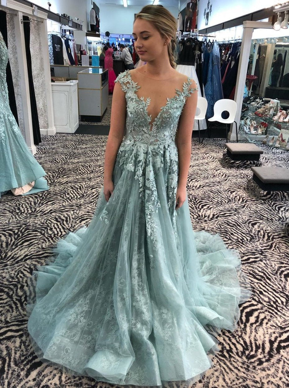 Illusion Neckline Prom Dresses Lace Appliques Formal Dresses Long Evening Gowns