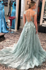 Illusion Neckline Prom Dresses Lace Appliques Formal Dresses Long Evening Gowns