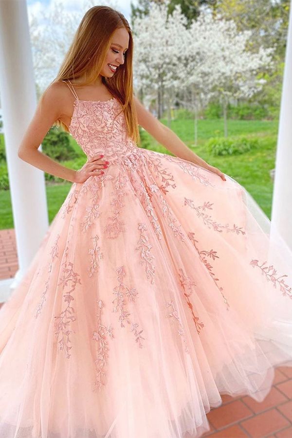 Spaghetti-Straps Tulle Burgundy Long Prom Dresses with Appliques