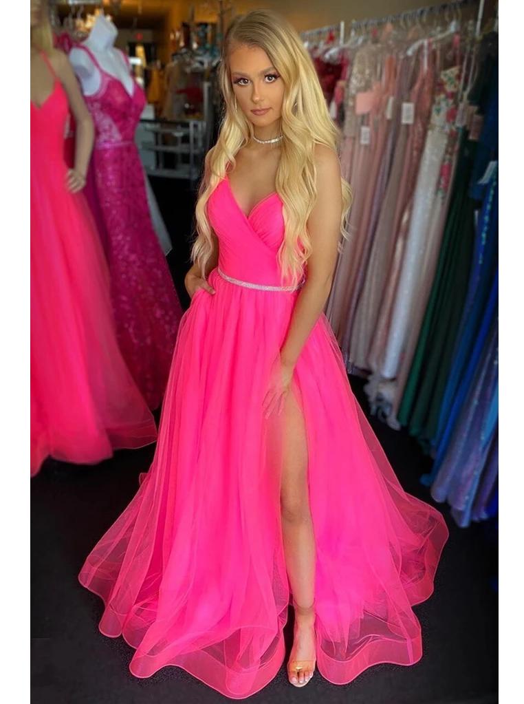 Fuchsia Backless Long Prom Dresses with Split, Tulle Graduation Gown