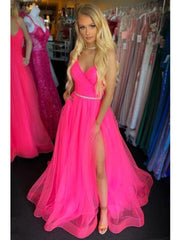 Fuchsia Backless Long Prom Dresses with Split, Tulle Graduation Gown