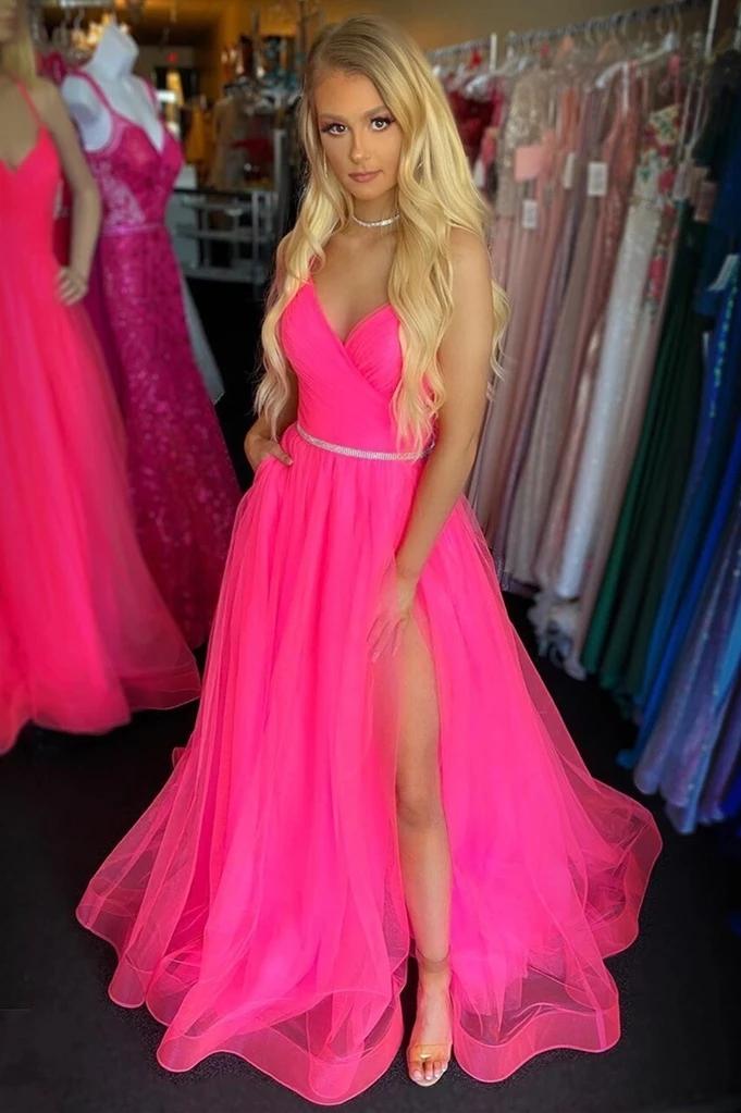 Fuchsia Backless Long Prom Dresses with Split, Tulle Graduation Gown