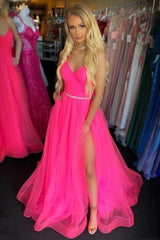 Fuchsia Backless Long Prom Dresses with Split, Tulle Graduation Gown