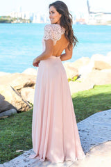 Blush Pink Open Back Lace Short Sleeve Prom Dresses, Party Dresses