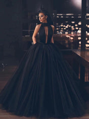 Halter Black Backless Prom Dresses with Pockets, Tulle Black Long Formal Gown