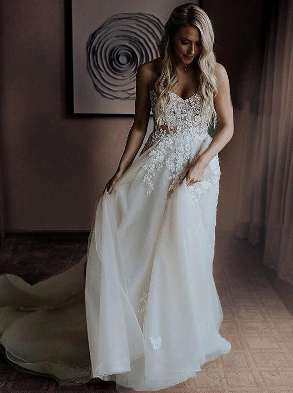 A-Line Sweetheart Rustic Boho Wedding Dress with Appliques