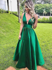 A-Line V-Neck Green Prom Dresses, Simple Long Formal Dresses