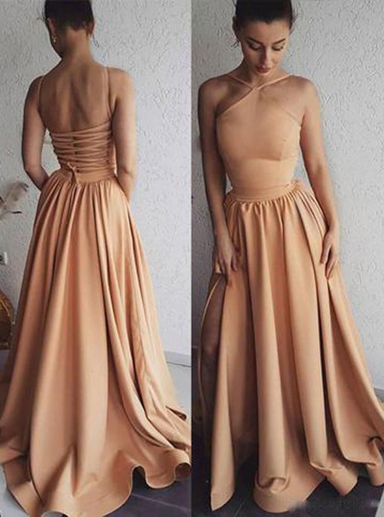 A-Line Halter Satin Long Prom Evening Dress with Split