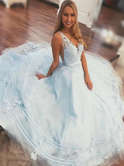 A-Line V-Neck Light Sky Blue Prom Dress with Lace Appliques
