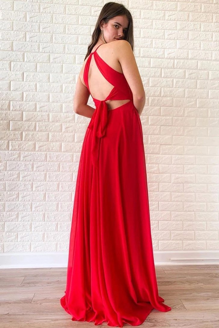 Red Chiffon A-Line Simple Long Evening Prom Dresses with Split