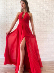 Red Chiffon A-Line Simple Long Evening Prom Dresses with Split