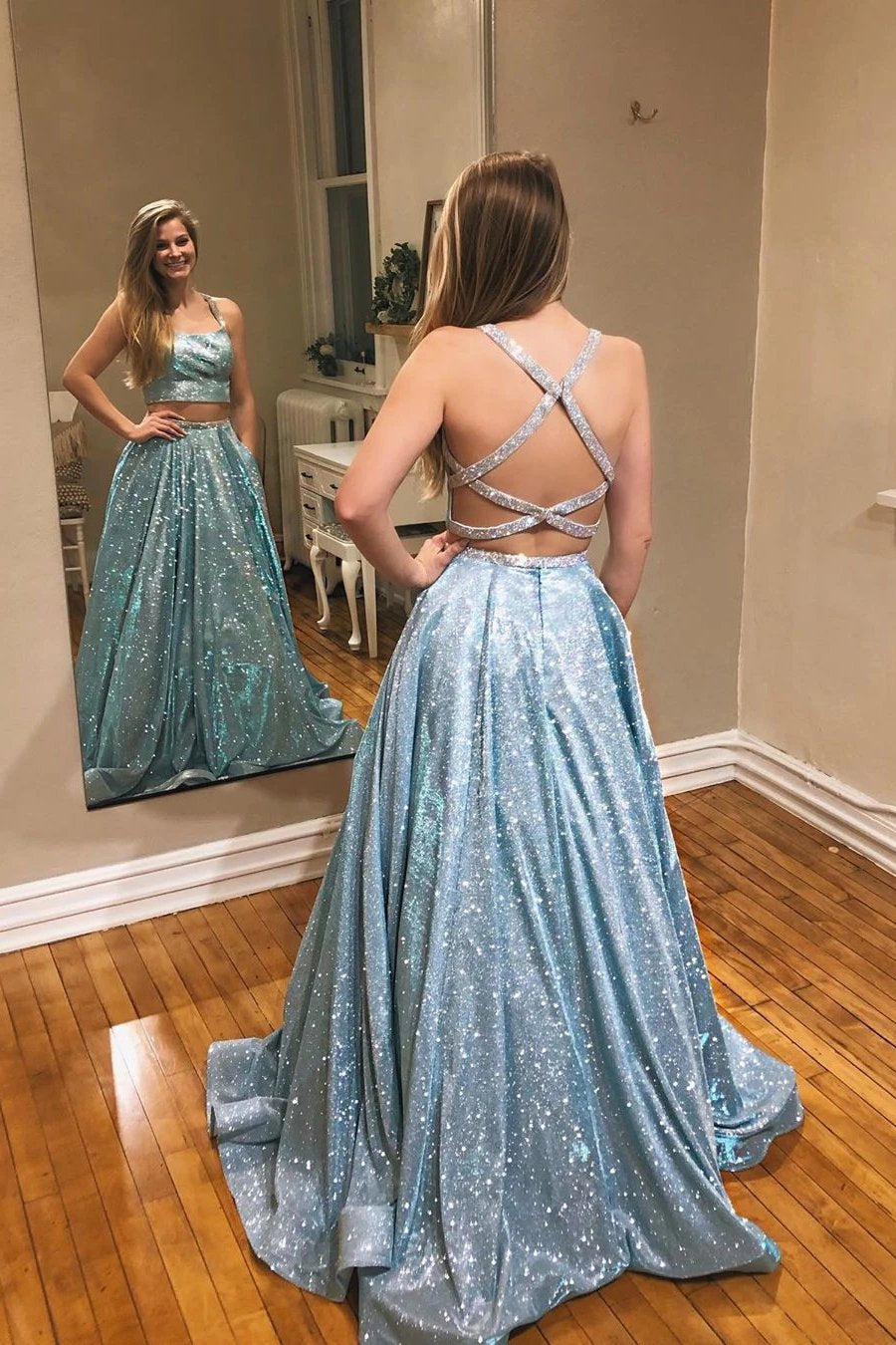 Glitter Mint Green A-Line Two-Piece Sparkle Prom Dresses with Pockets